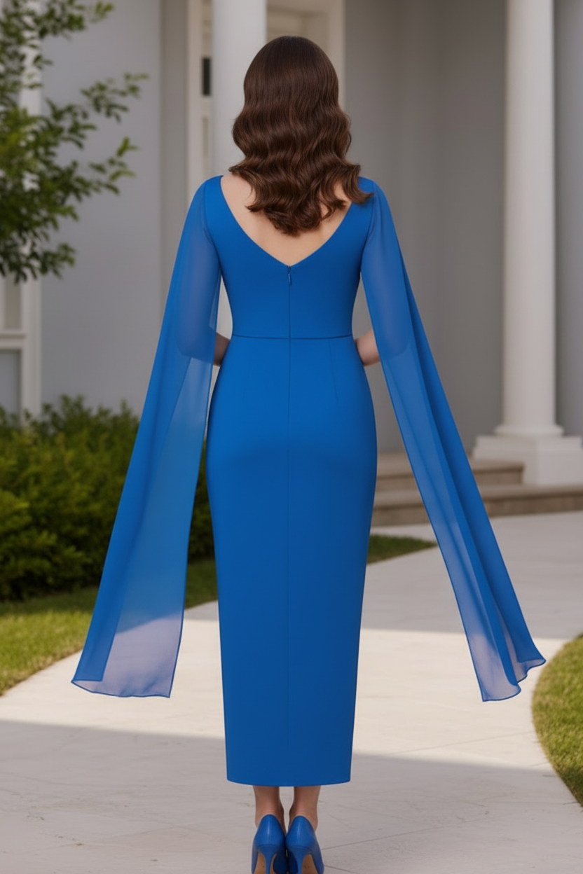 Elegant Ruched Cape Sleeve Column Dress