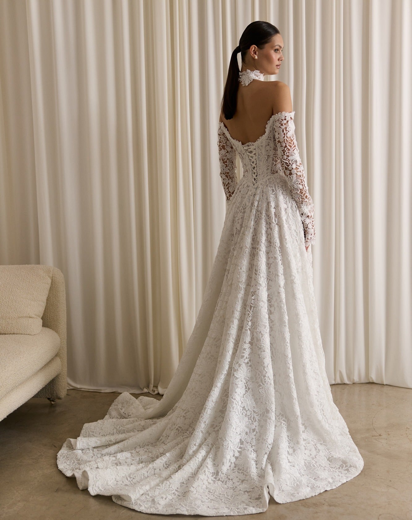 Off-the-Shoulder Lace A-Line Wedding Dress with Corset