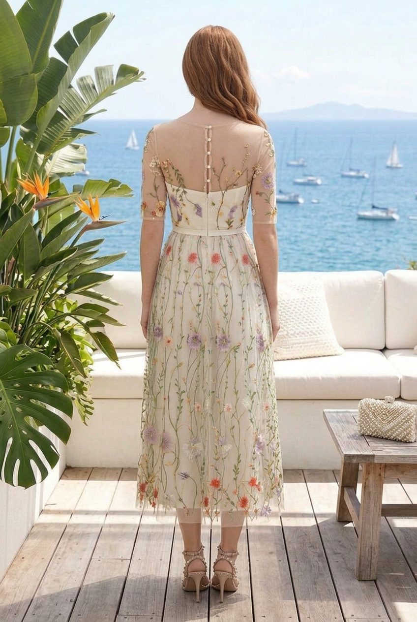 Floral Embroidered Illusion Midi Dress