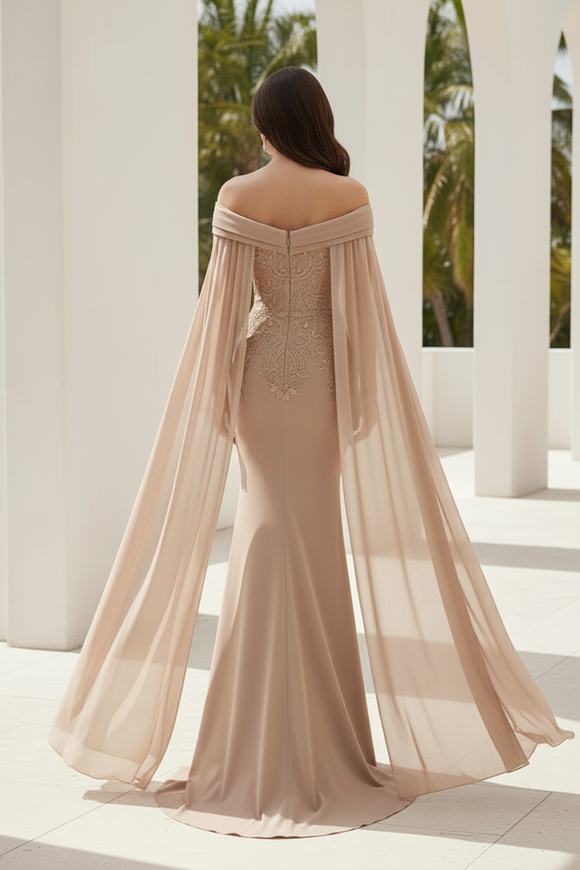 Off-Shoulder Cape Sleeve Lace Applique Evening Gown