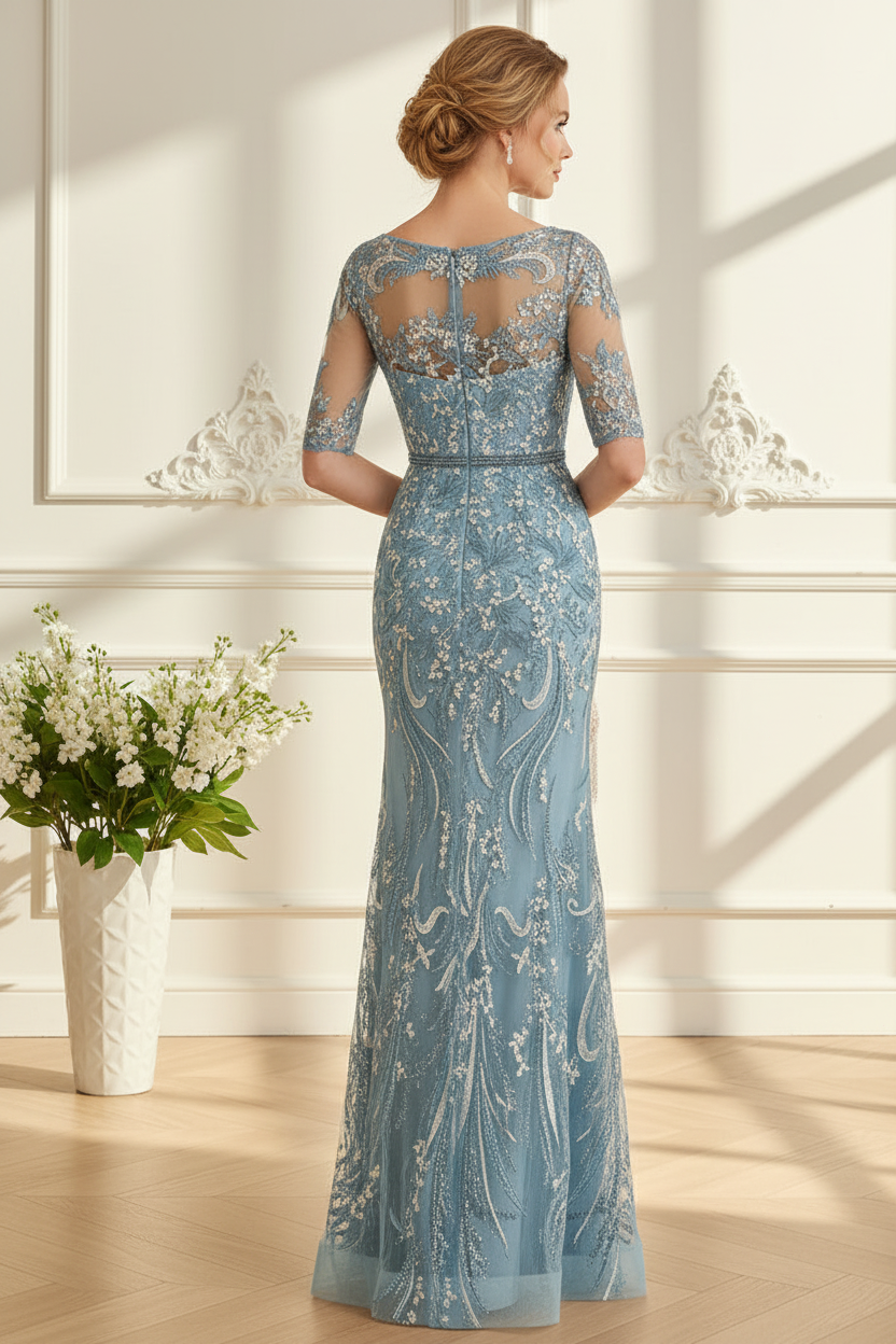 Embellished Lace Half Sleeve Mermaid Dress