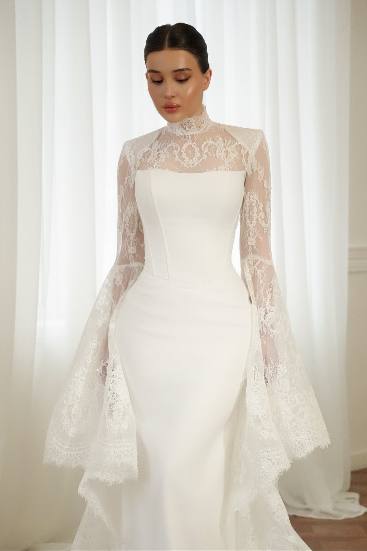 High Neck Mermaid Wedding Dress with Dramatic Lace Sleeves