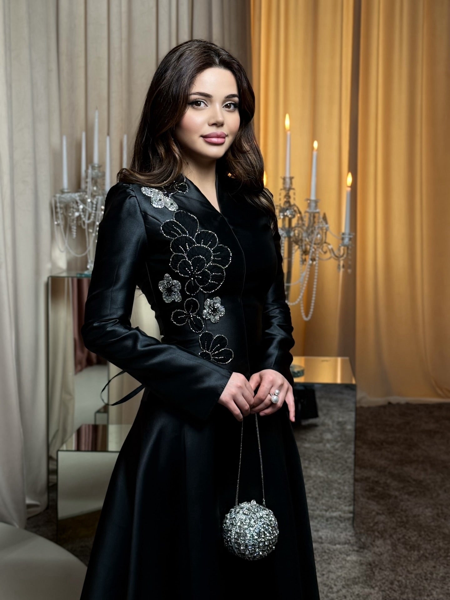 Elegant Long Sleeve Satin A-Line Evening Gown