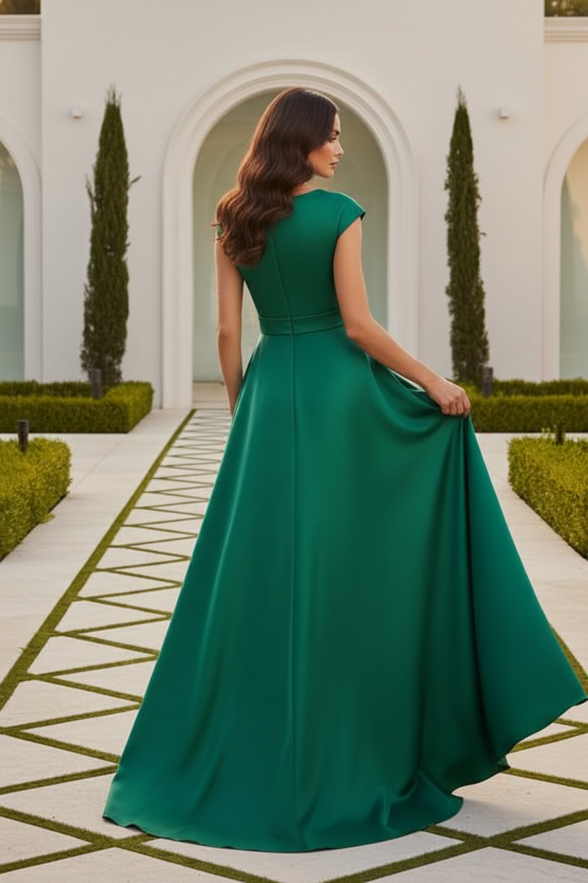 Embroidered High-Low Satin Gown with V-Neck