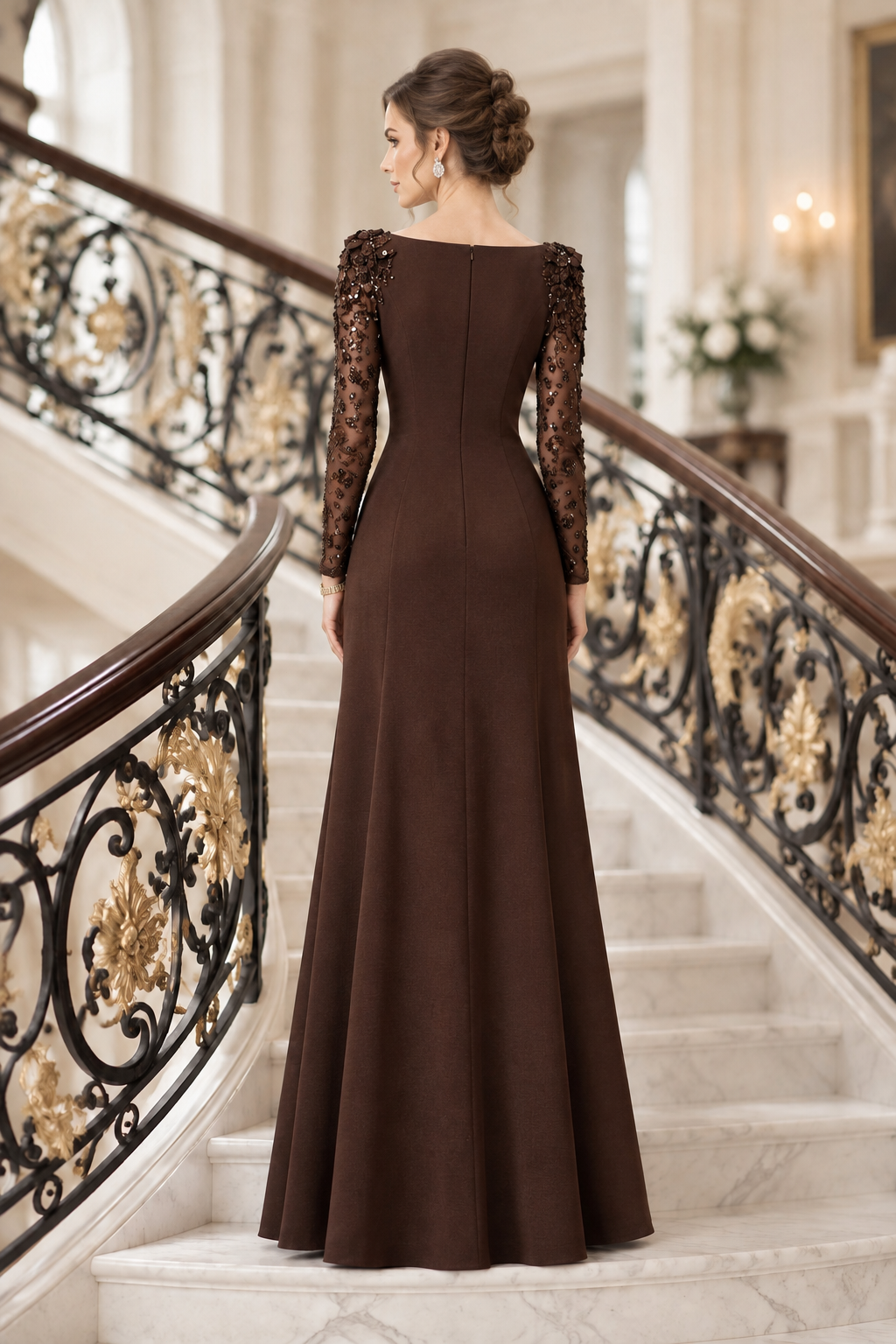 Bateau Illusion Long Sleeve Evening Gown