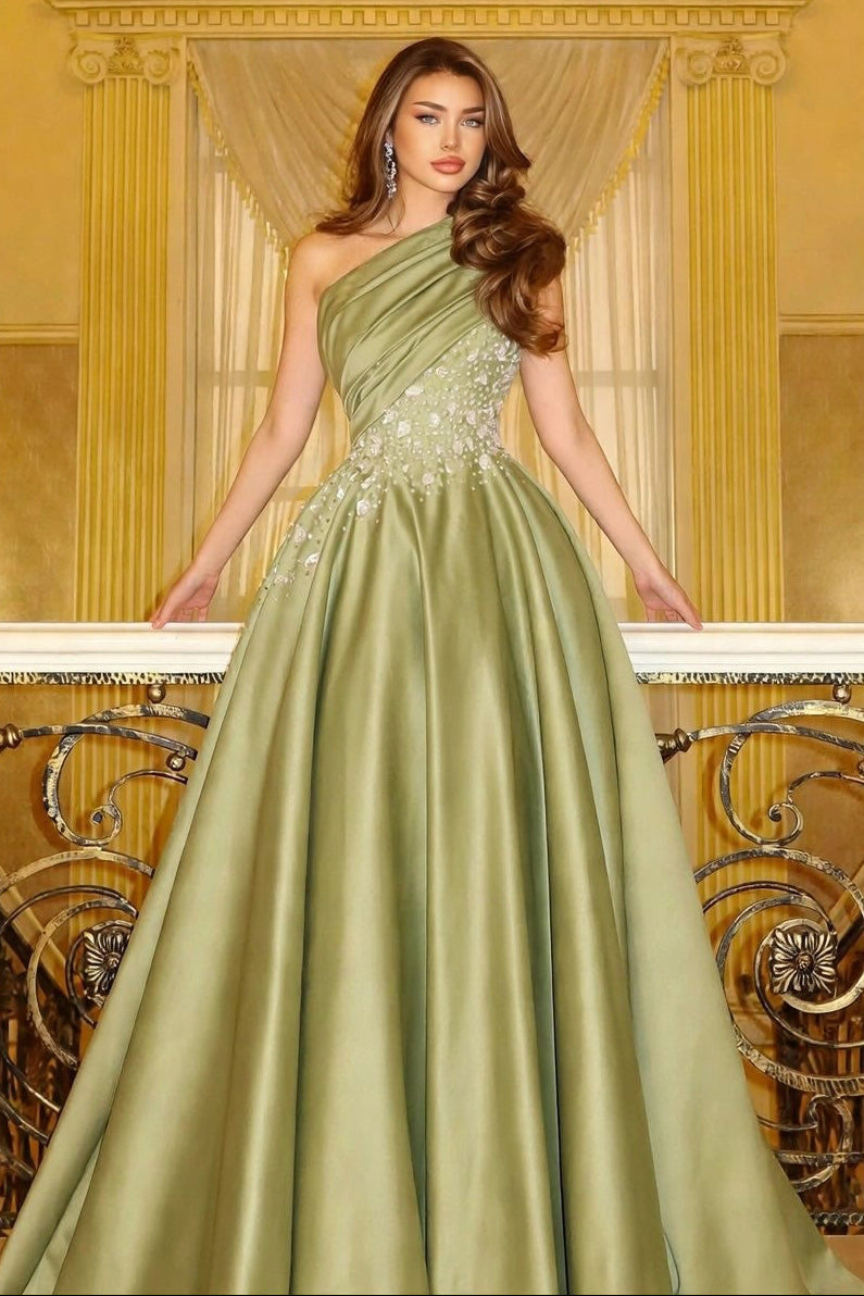 One-Shoulder Pleated Ball Gown with Beadwork