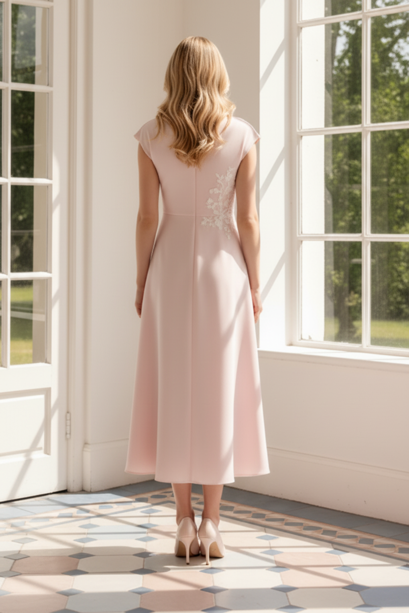 V-Neck Cap Sleeve Midi Dress with Floral Applique