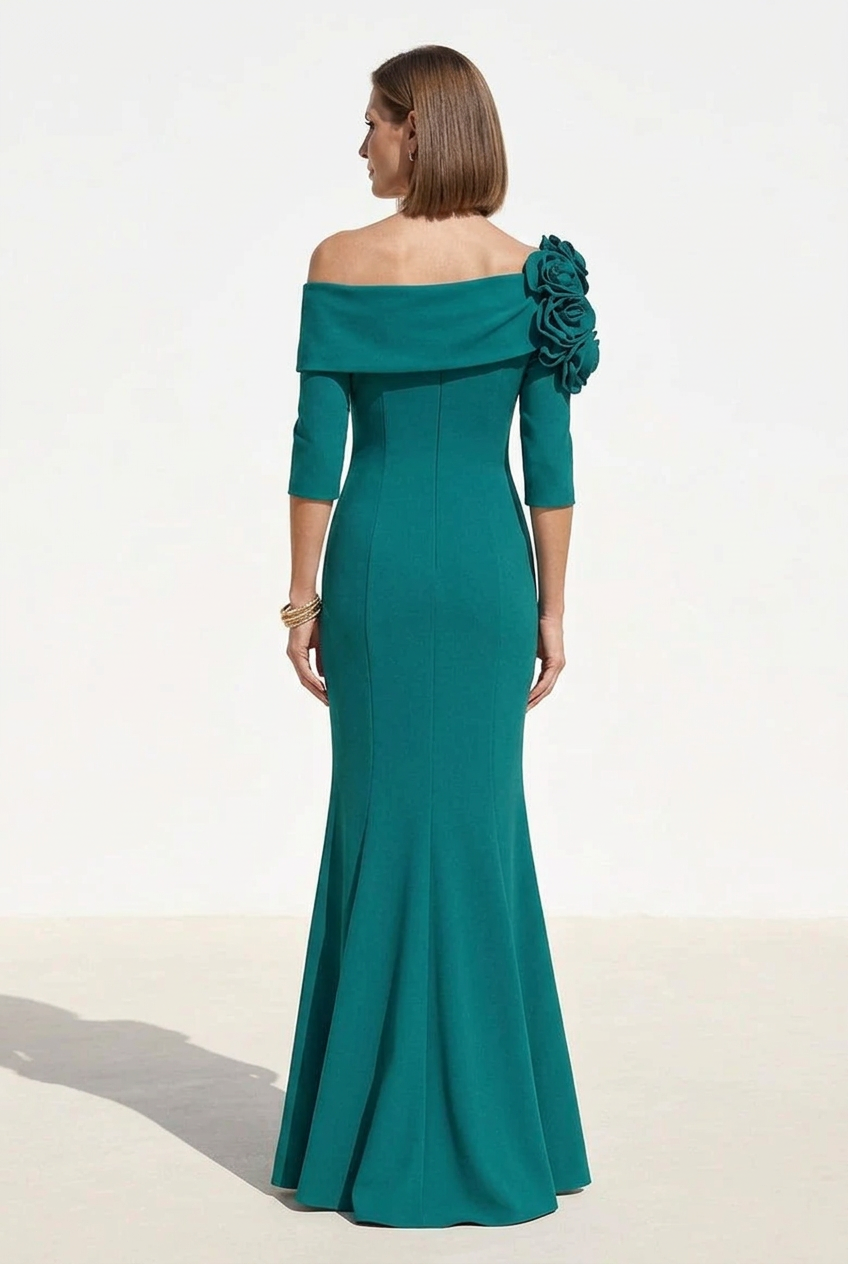 Rosette Off-the-Shoulder Mermaid Evening Gown