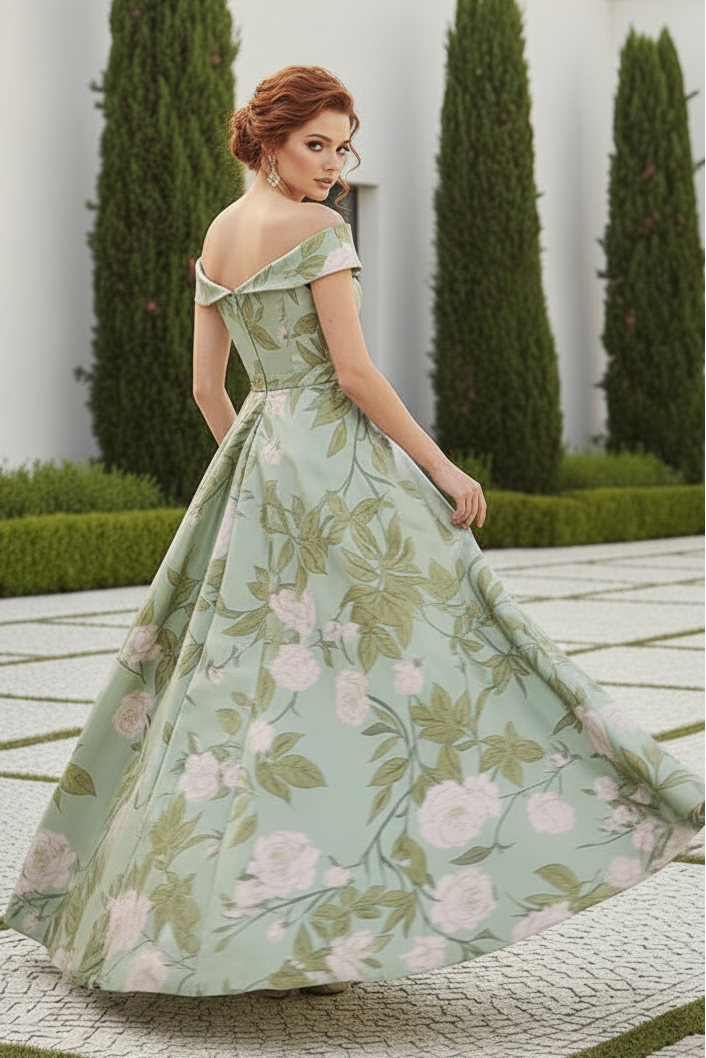 Off-the-Shoulder Floral Print A-Line Evening Gown