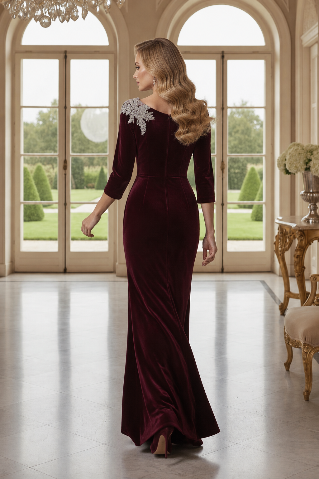 Embroidered Appliqué Velvet 3/4 Sleeve Gown