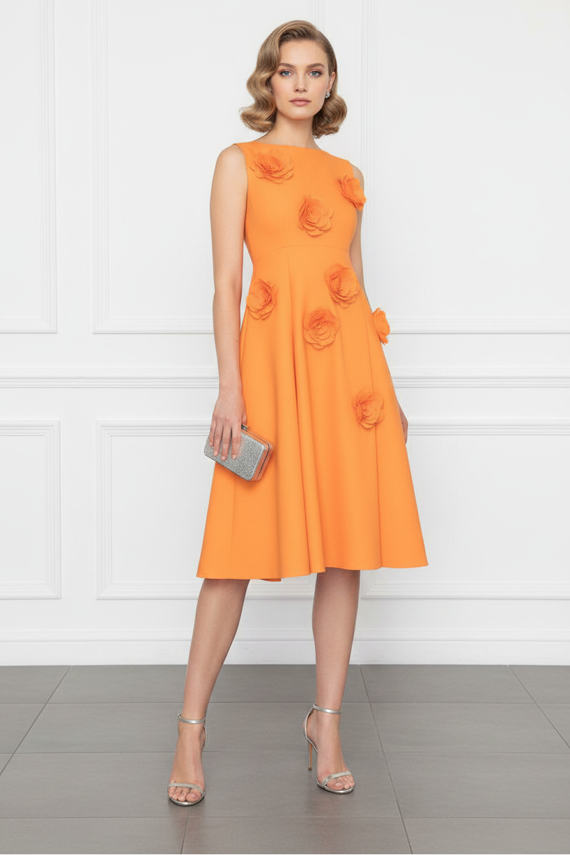 Orange Sleeveless 3D Floral Midi Dress