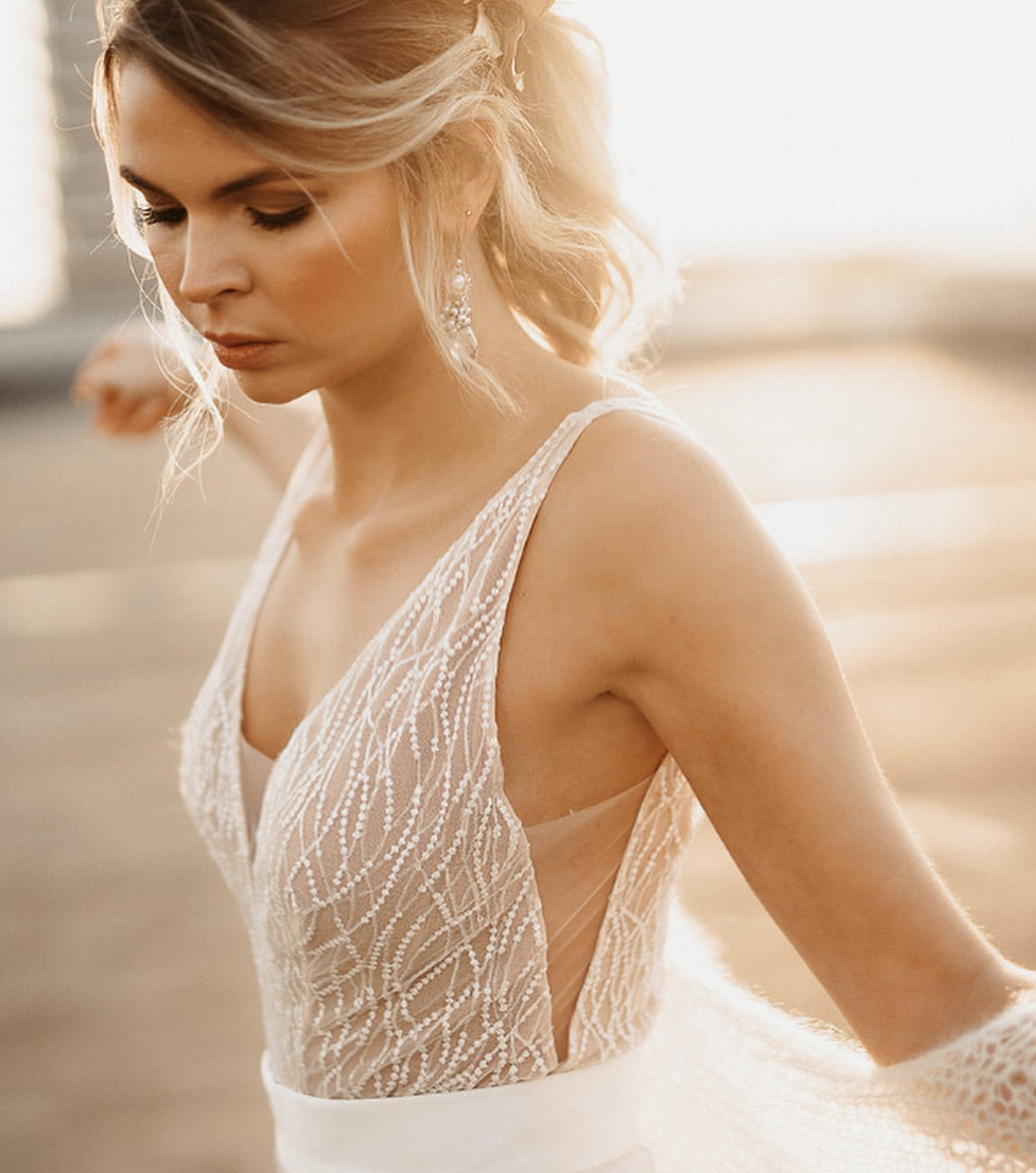 Beaded V-Neck Satin Jumpsuit with Pockets