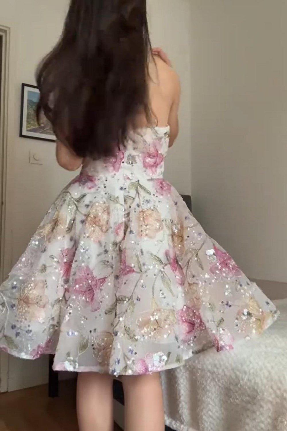 Strapless Floral Embroidered Sequin A-Line Dress
