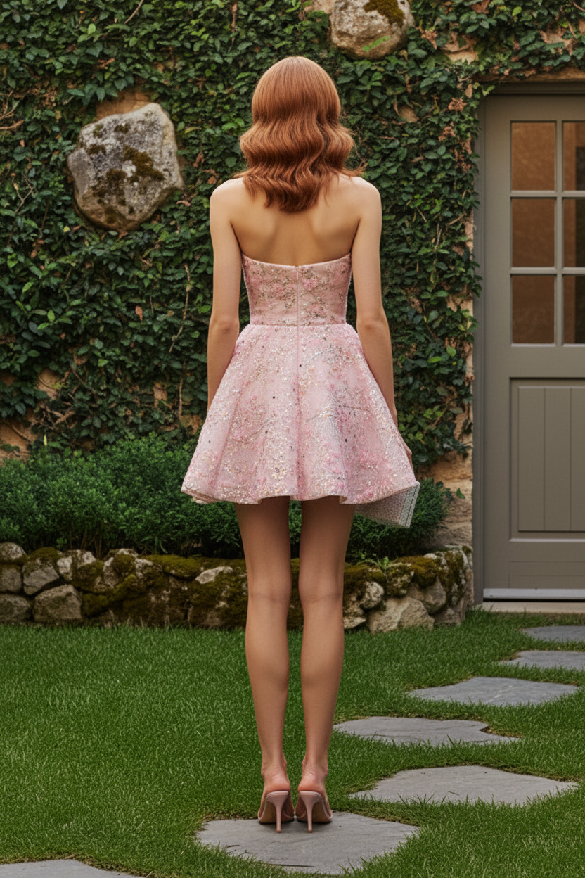 Strapless Floral Embroidered A-Line Mini Dress