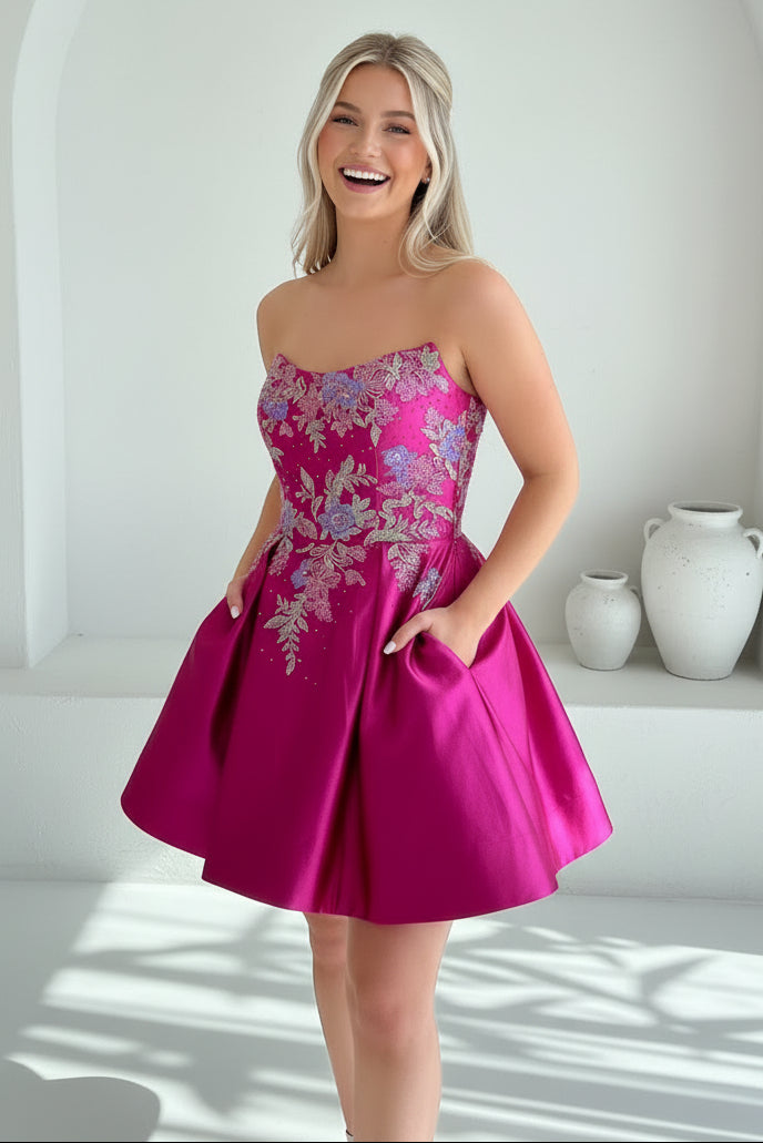 Strapless Beaded Floral Embroidery Short A-Line Dress
