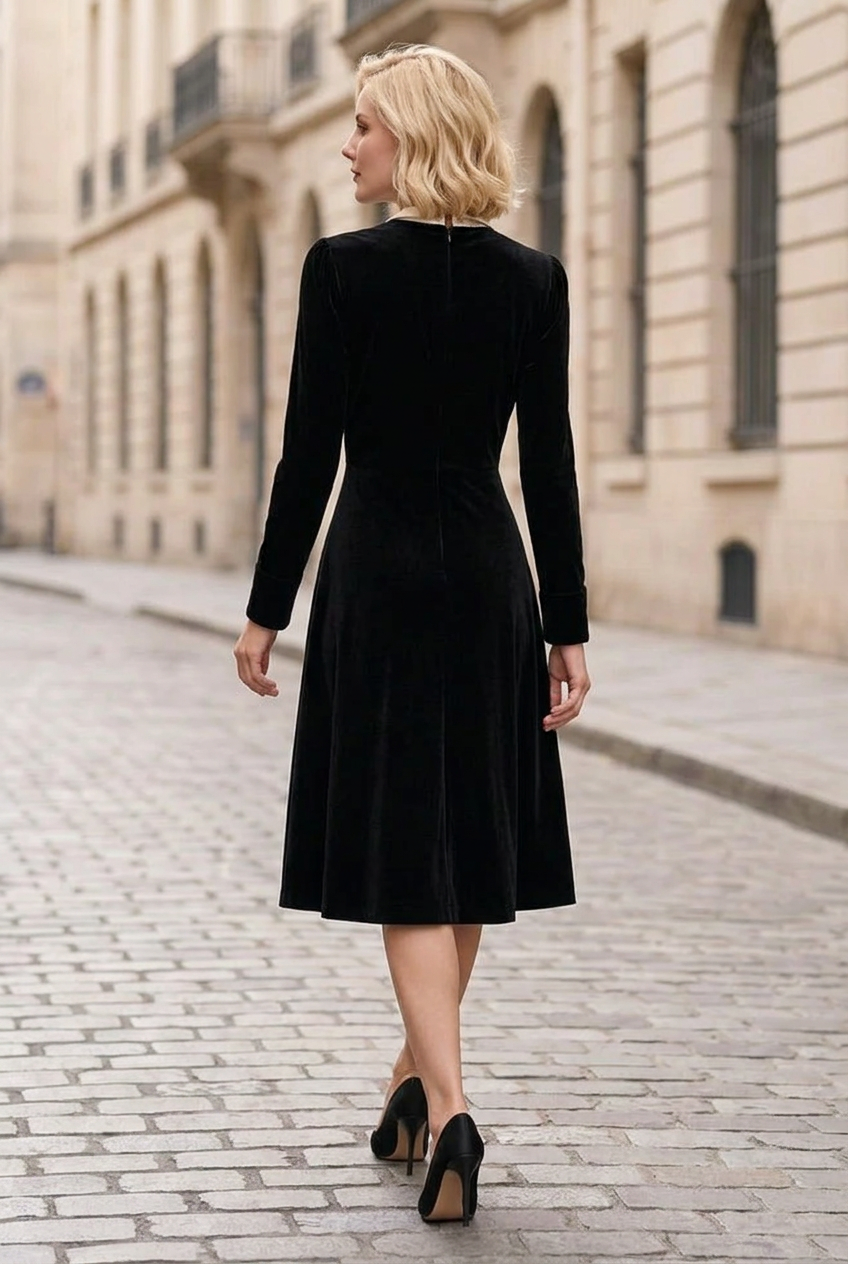 Velvet Midi A-Line Dress with Contrast Lapel Collar