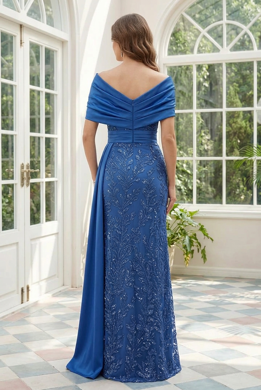 Off-the-Shoulder Beaded Evening Gown with Side Drape