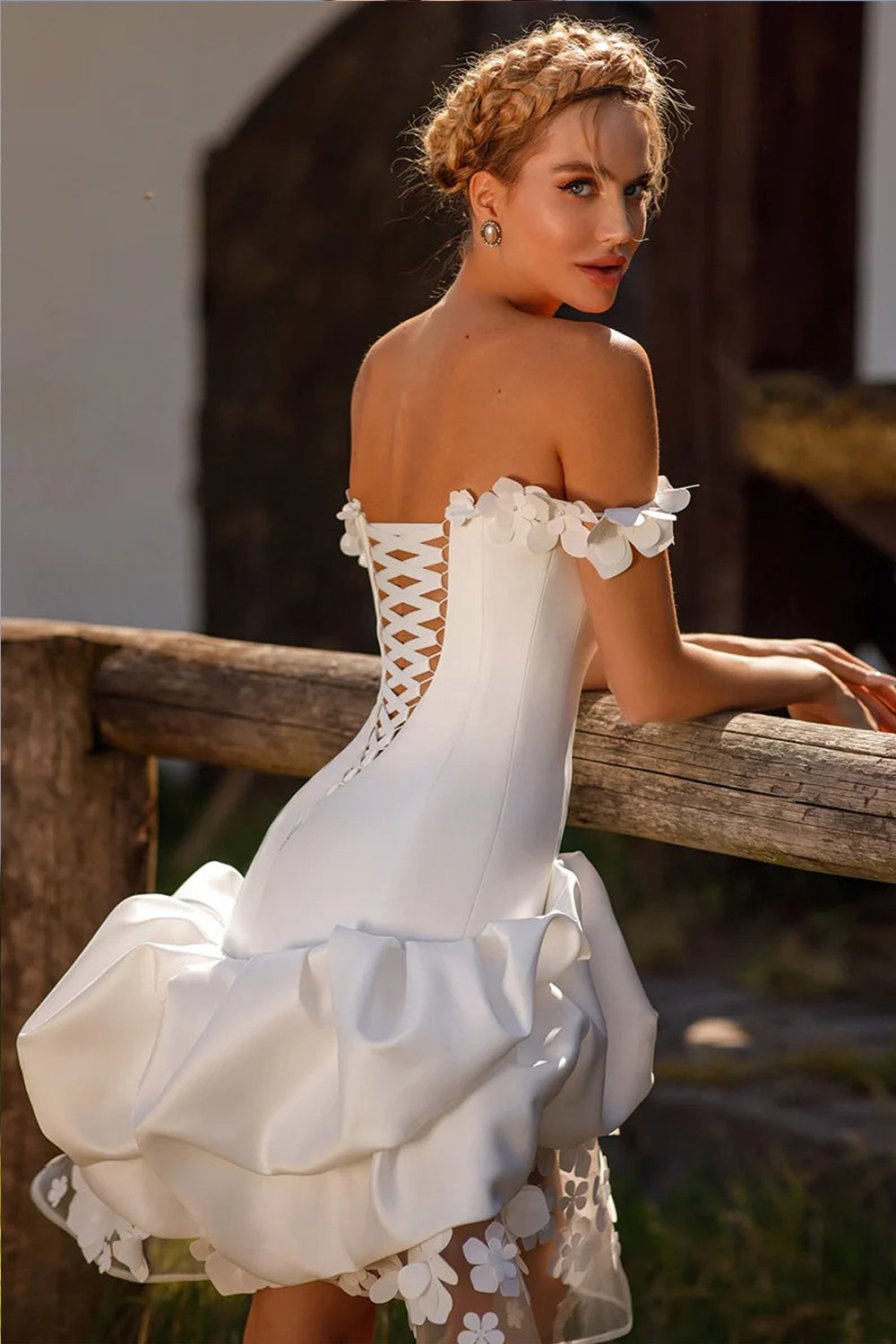 Off-the-Shoulder Sweetheart Bubble Skirt Wedding Dress