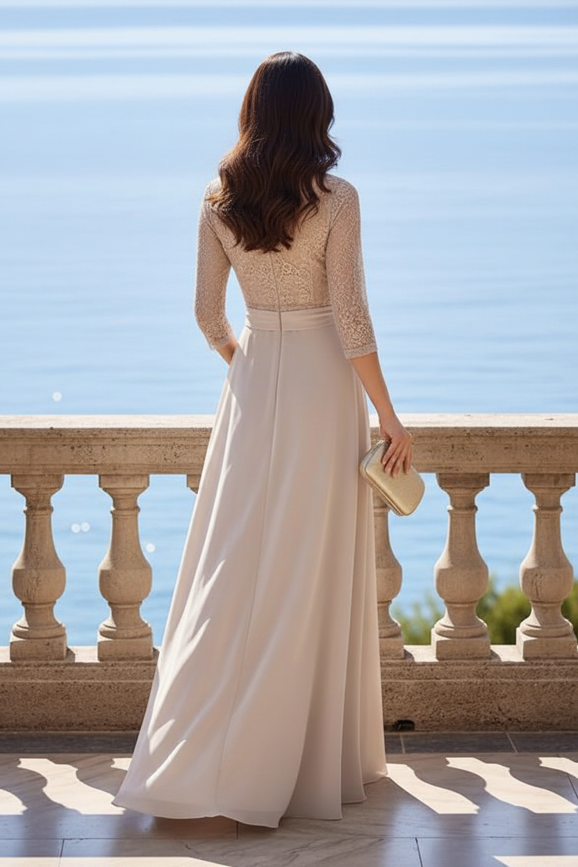 Lace Bodice A-Line Maxi Dress with Collar & Bow