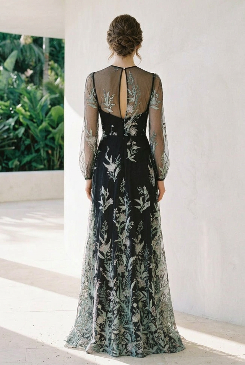 Embroidered Floral Illusion Long Sleeve Evening Gown