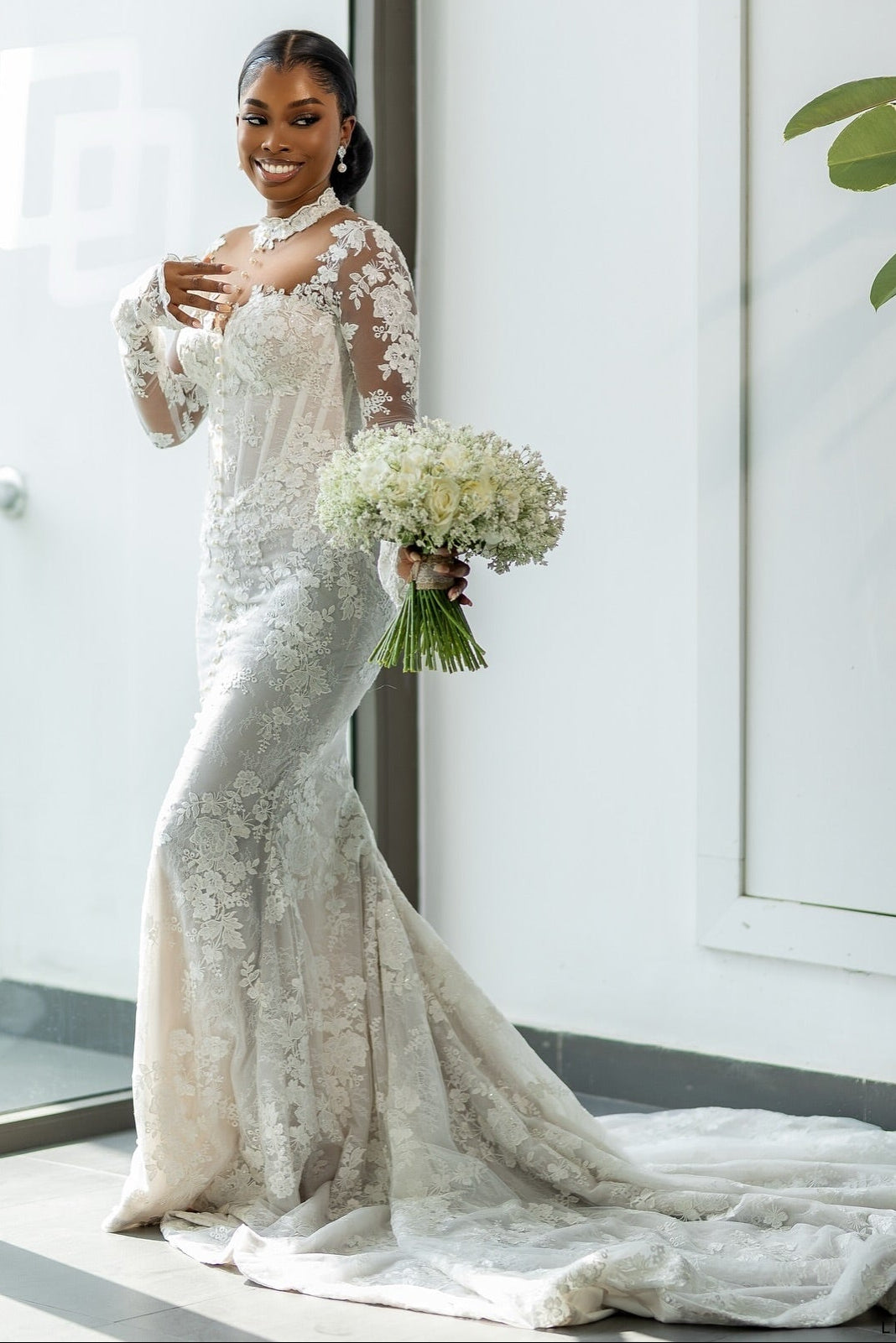 long sleeve mock neck wedding dress Lace Mermaid with Color:Fuchsia Mult pdp_icon:icon-temperature-regulating|Temperature Regulating JJ's House Embroidered Square offering a touch of