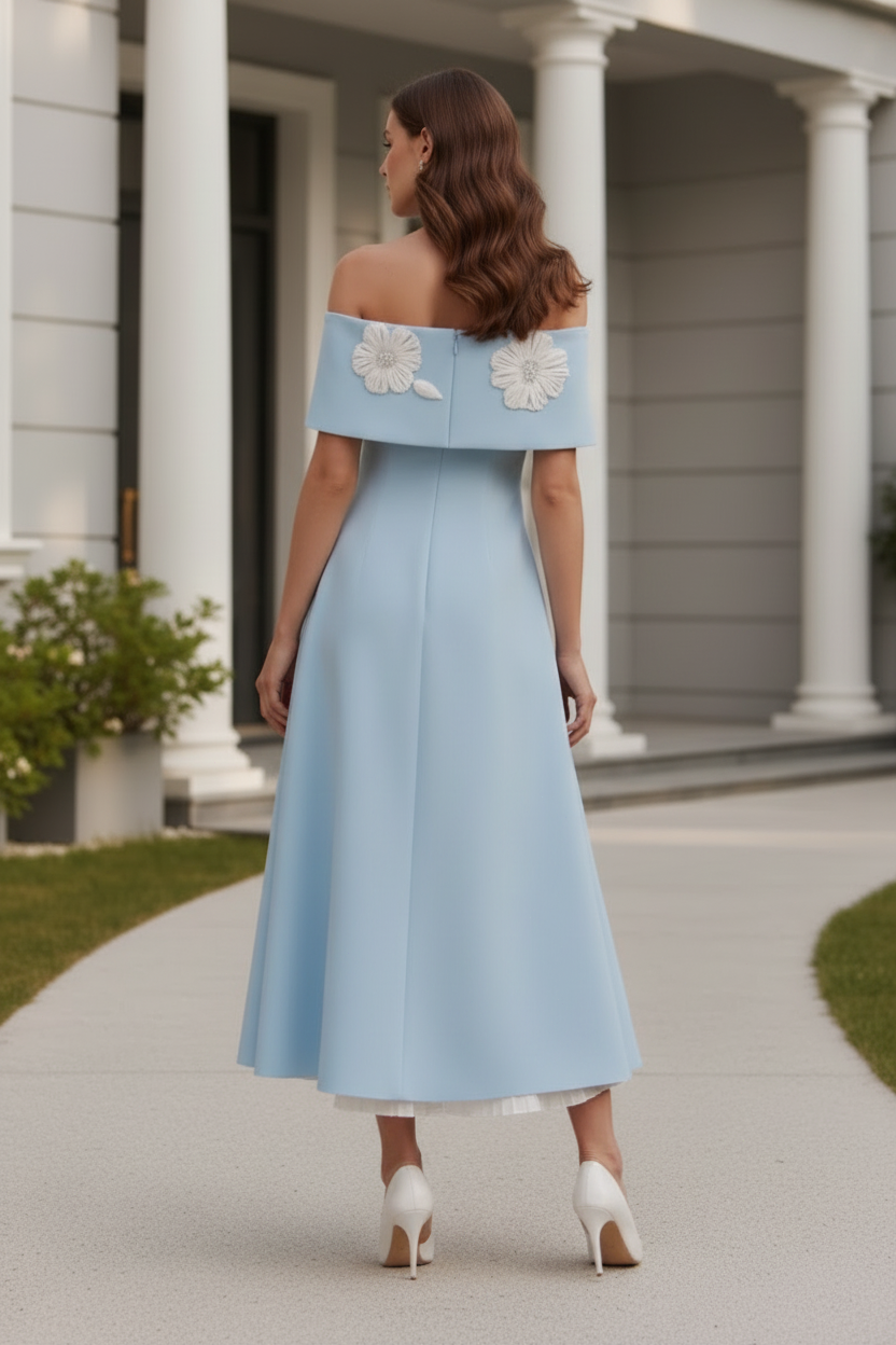 Floral Applique Off Shoulder Midi Dress