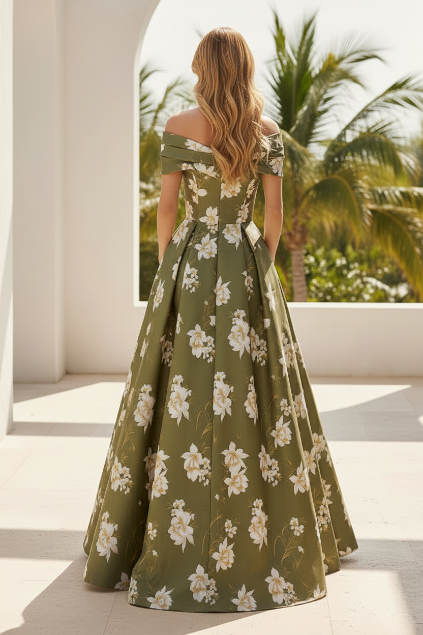 Off-the-Shoulder Floral A-Line Gown with Pockets