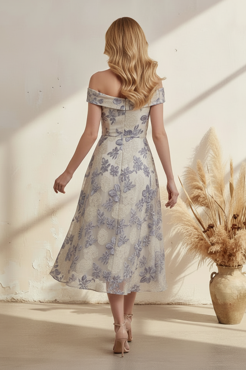 Off-the-Shoulder Jacquard Asymmetrical Midi Dress