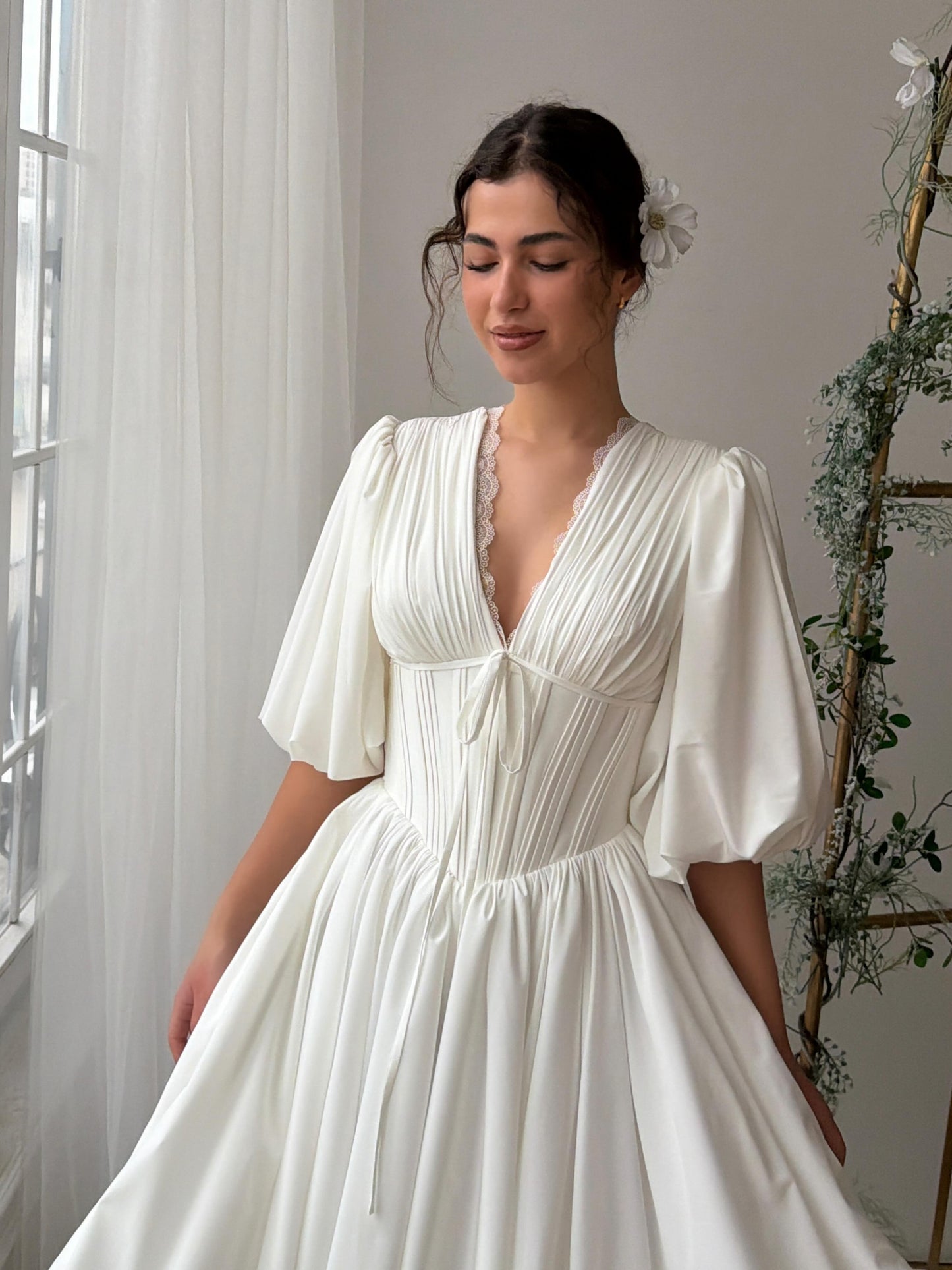 Pleated V-Neck Midi Dress