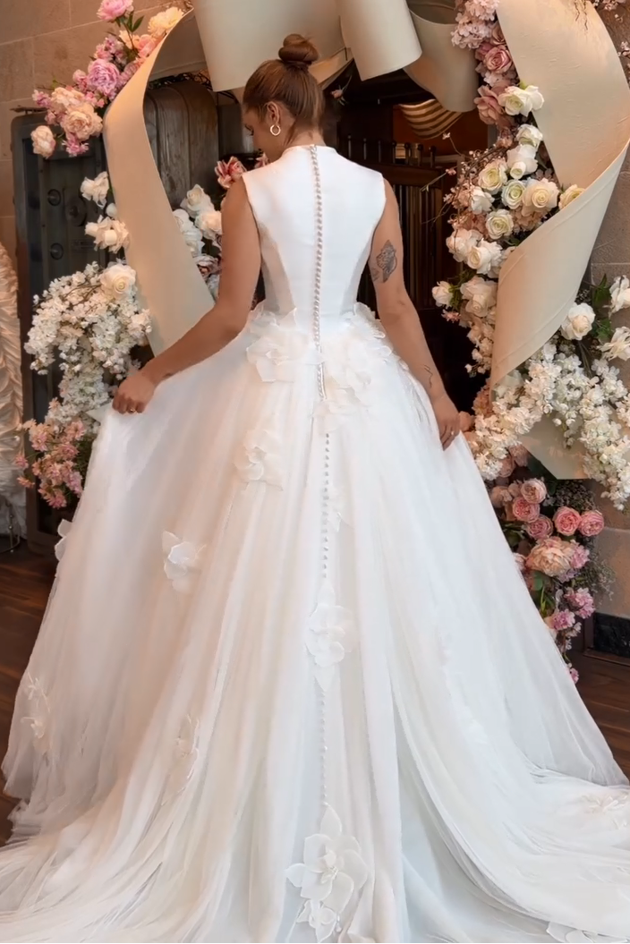 V-Neck Satin and Tulle Ball Gown Wedding Dress