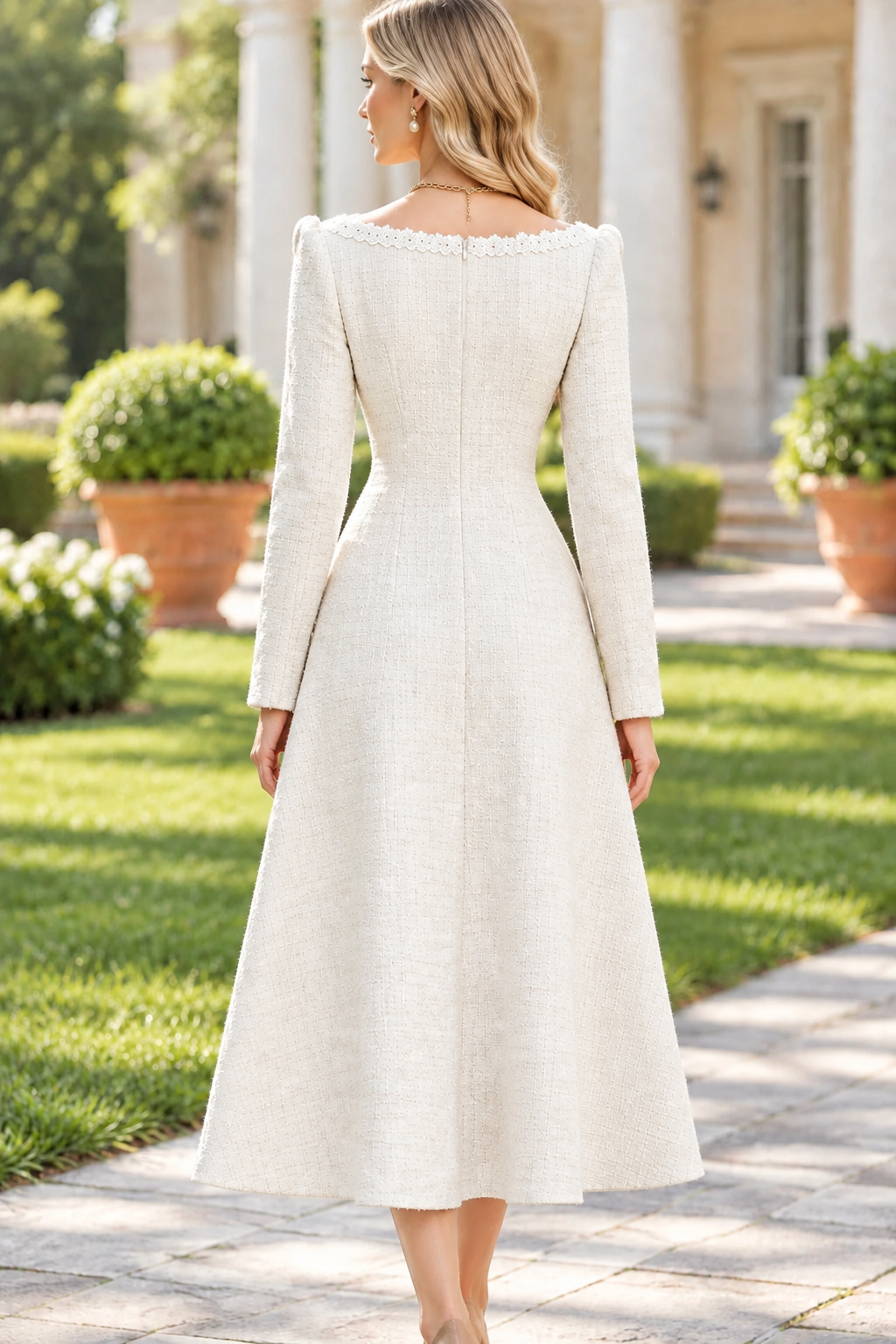 Pearl Button Lace Trim Long Sleeve Midi Dress