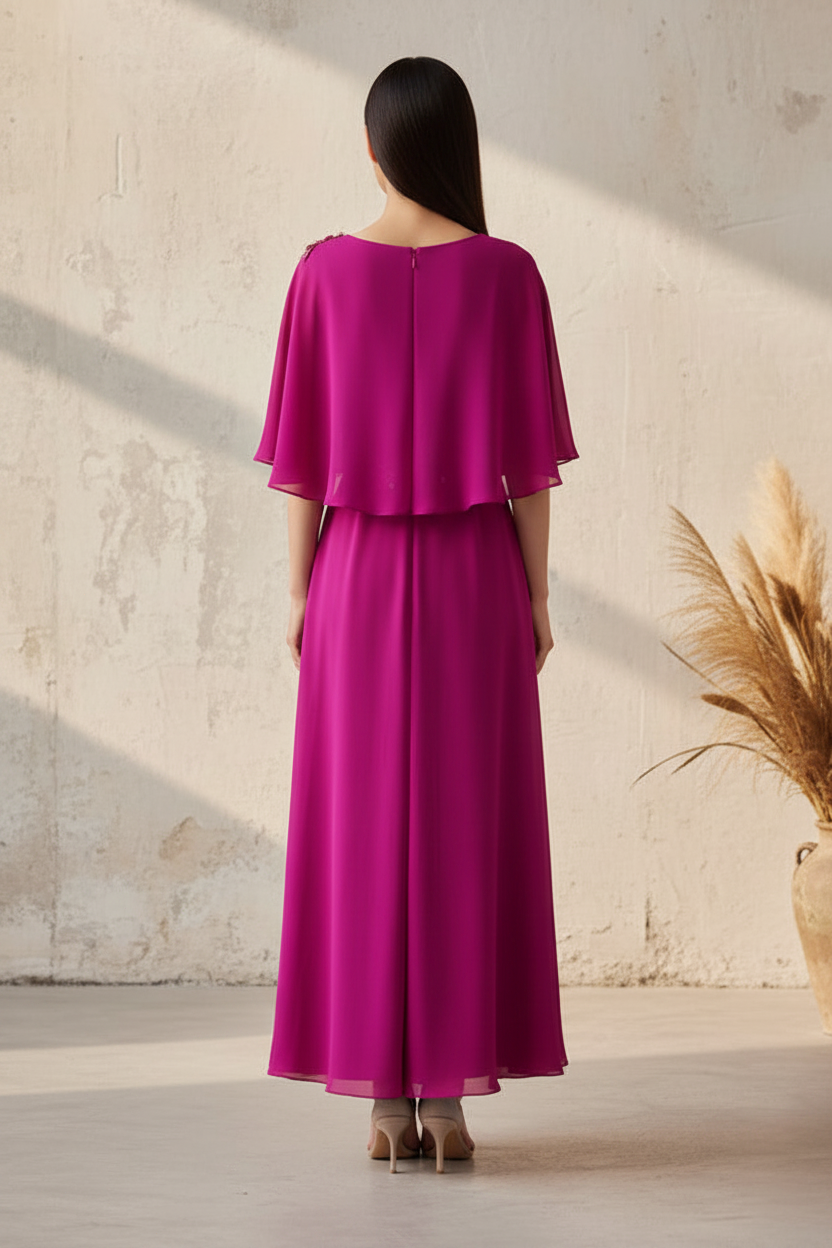 Bateau Neck Asymmetrical Cape A-Line Dress