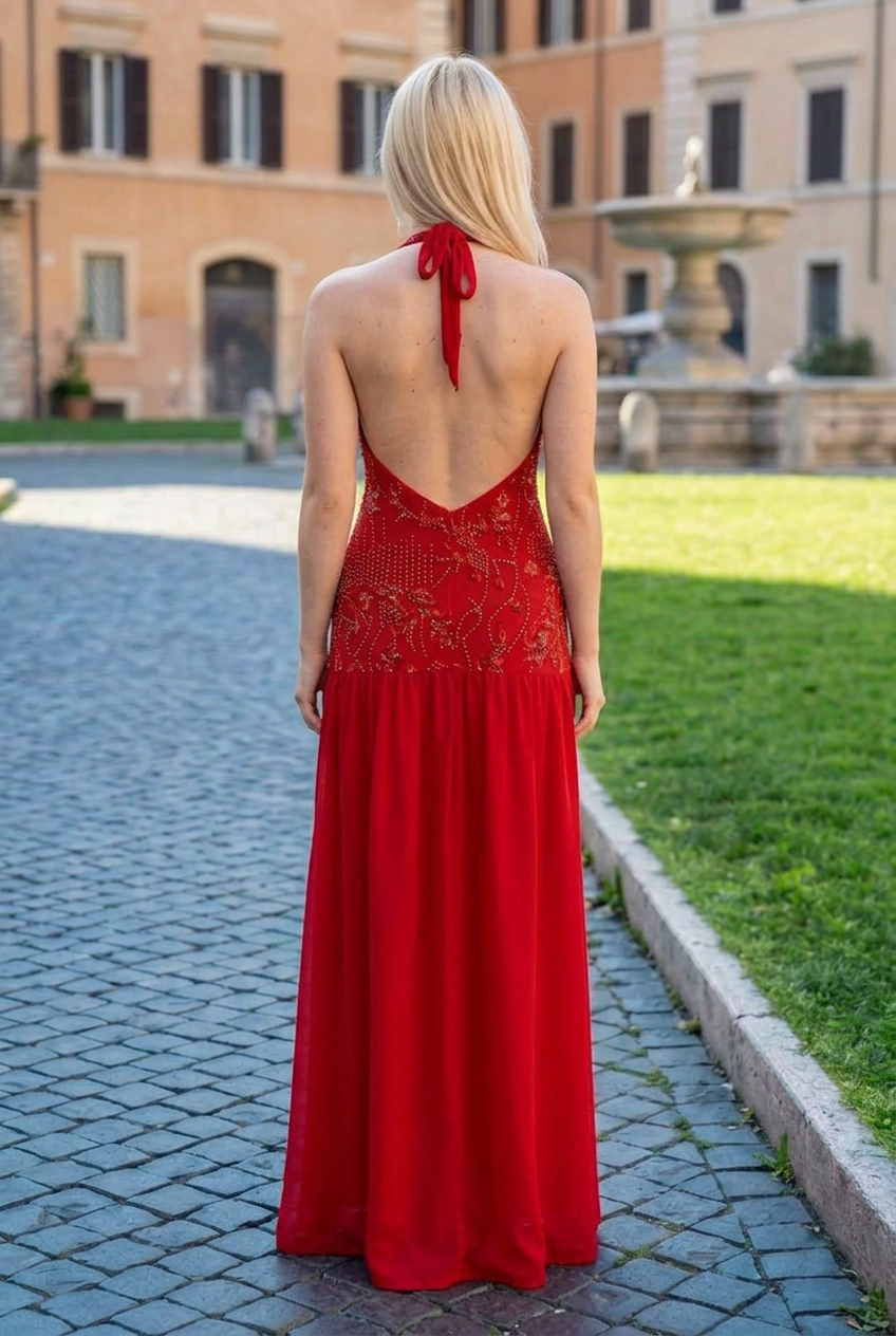 Embellished Halter Drop-Waist Maxi Dress