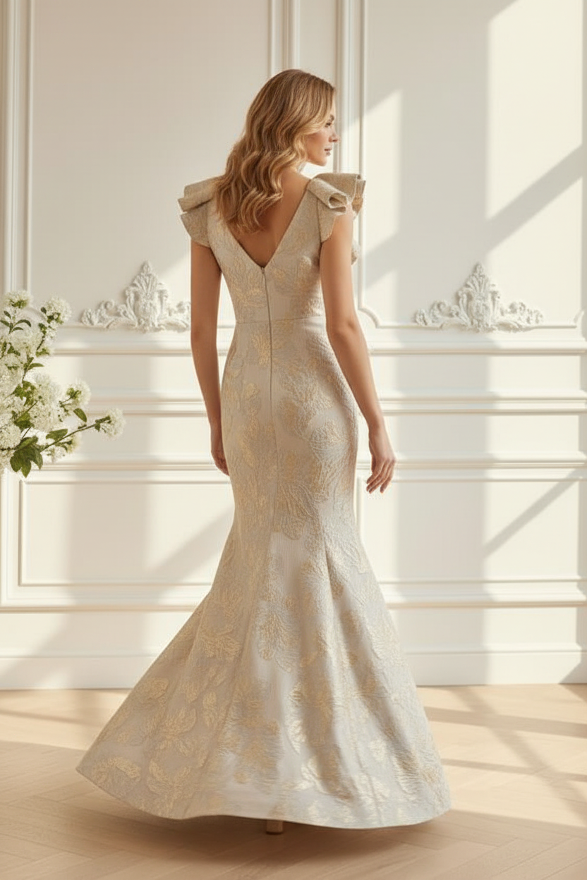 Floral Jacquard Mermaid Gown with Ruffle Sleeves