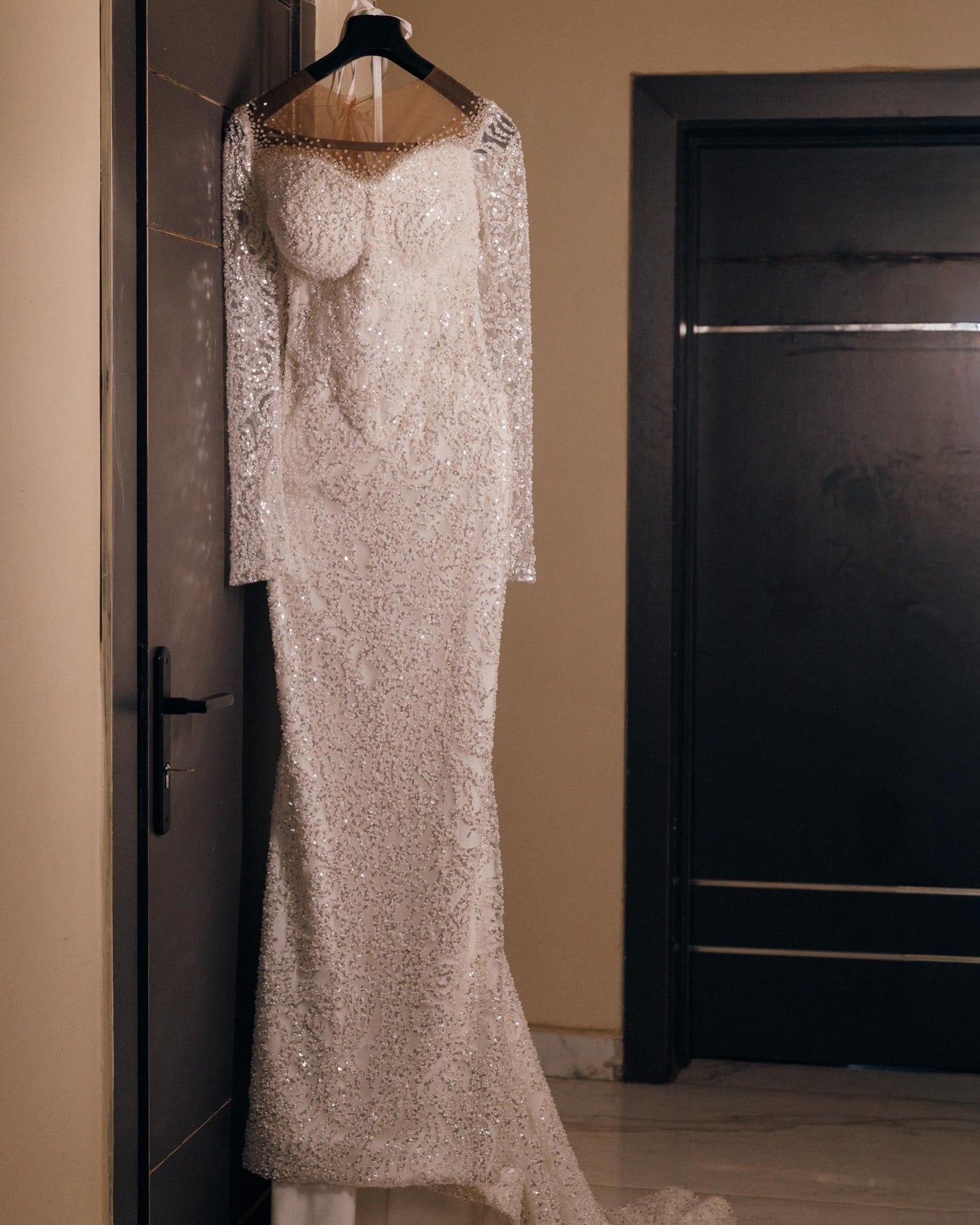 Long Sleeve Illusion Mermaid Sequin Wedding Gown