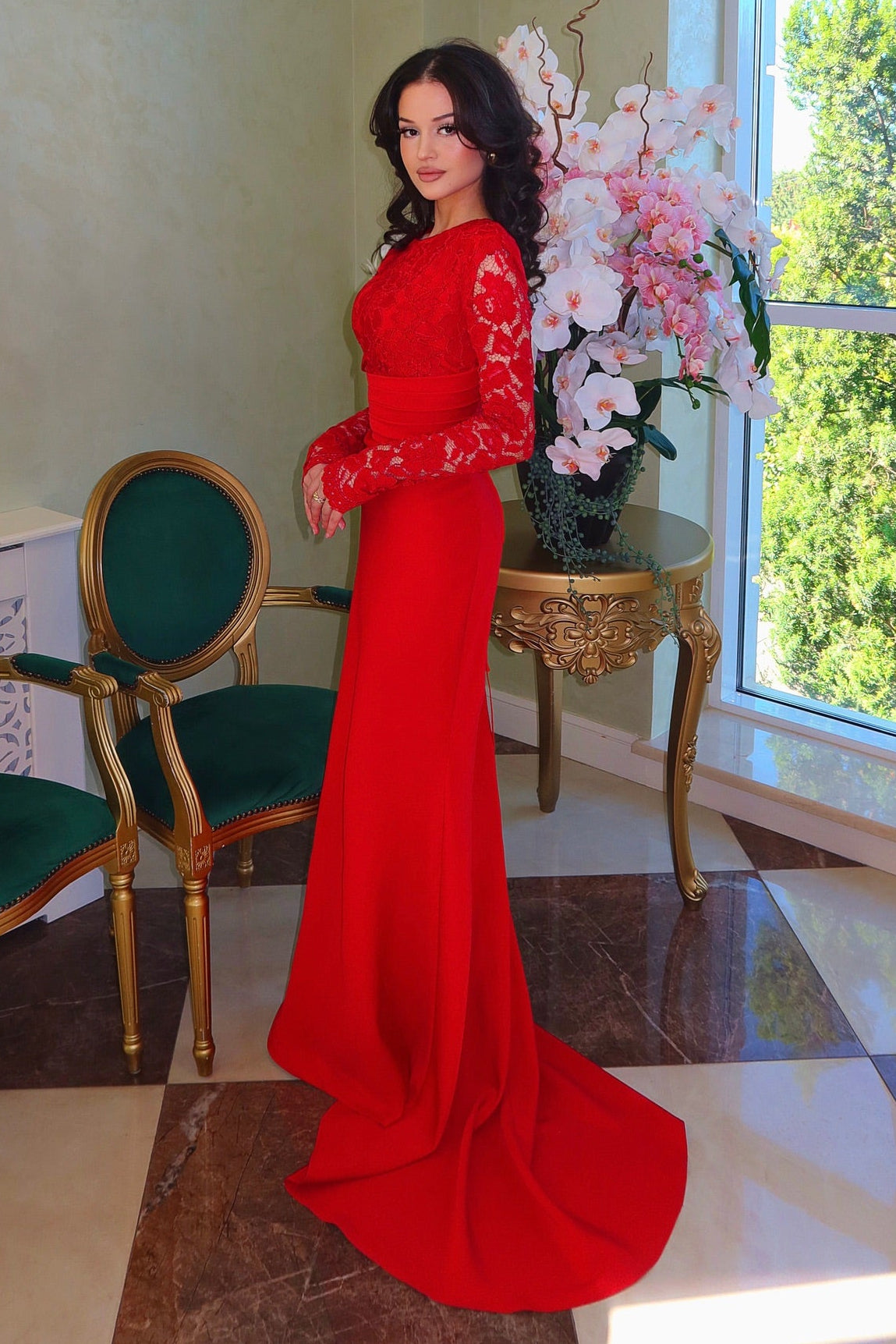 Lace Long Sleeve Evening Gown with Train