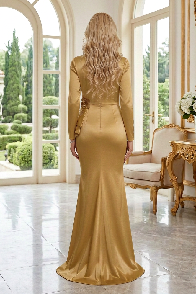 Long Sleeve Slit V-Neck Gown with 3D Florals