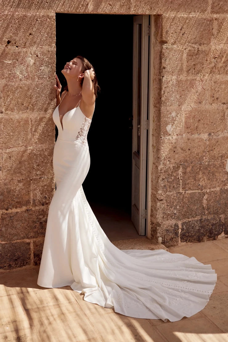 Plunging Lace-Panel Fit-and-Flare Wedding Dress
