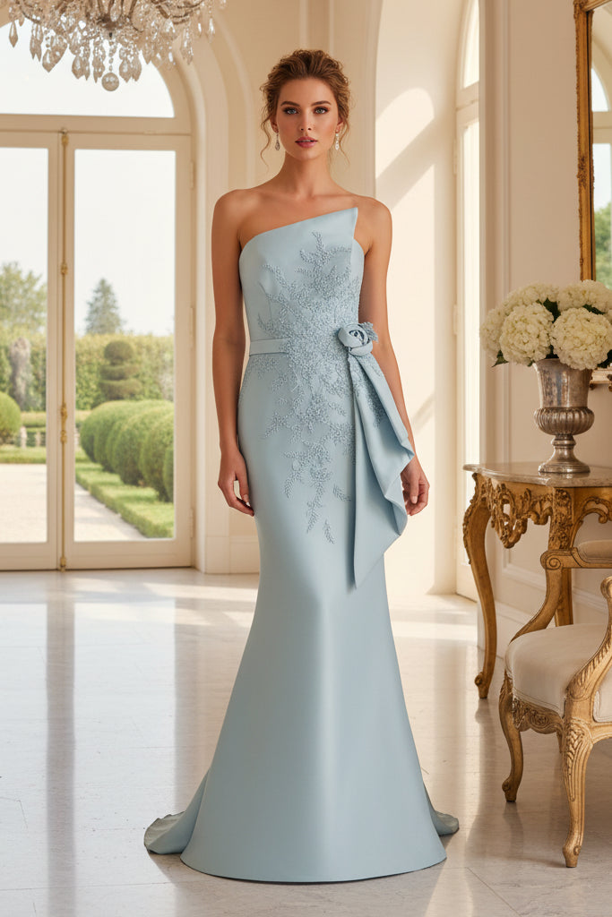 One-Shoulder Beaded Mermaid Gown with Floral Sash