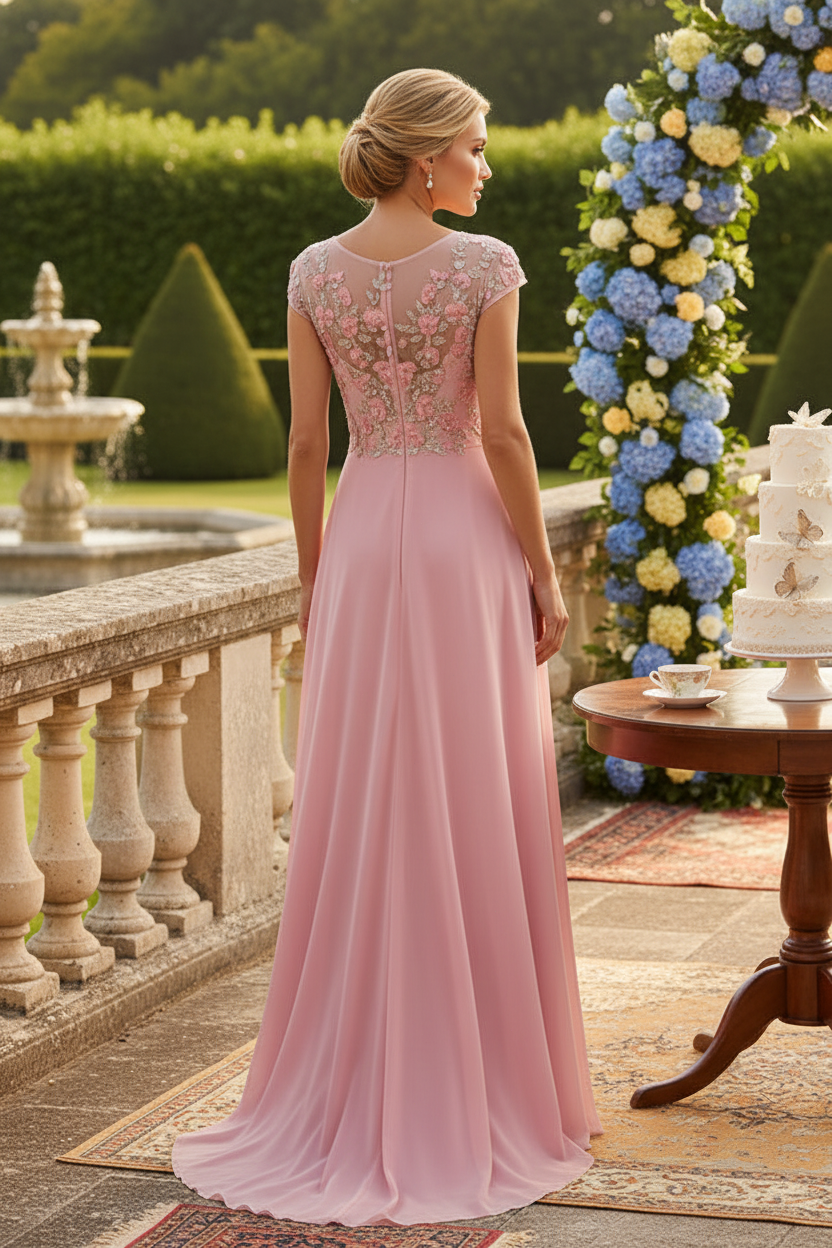 Floral Applique Cap Sleeve A-Line Chiffon Gown