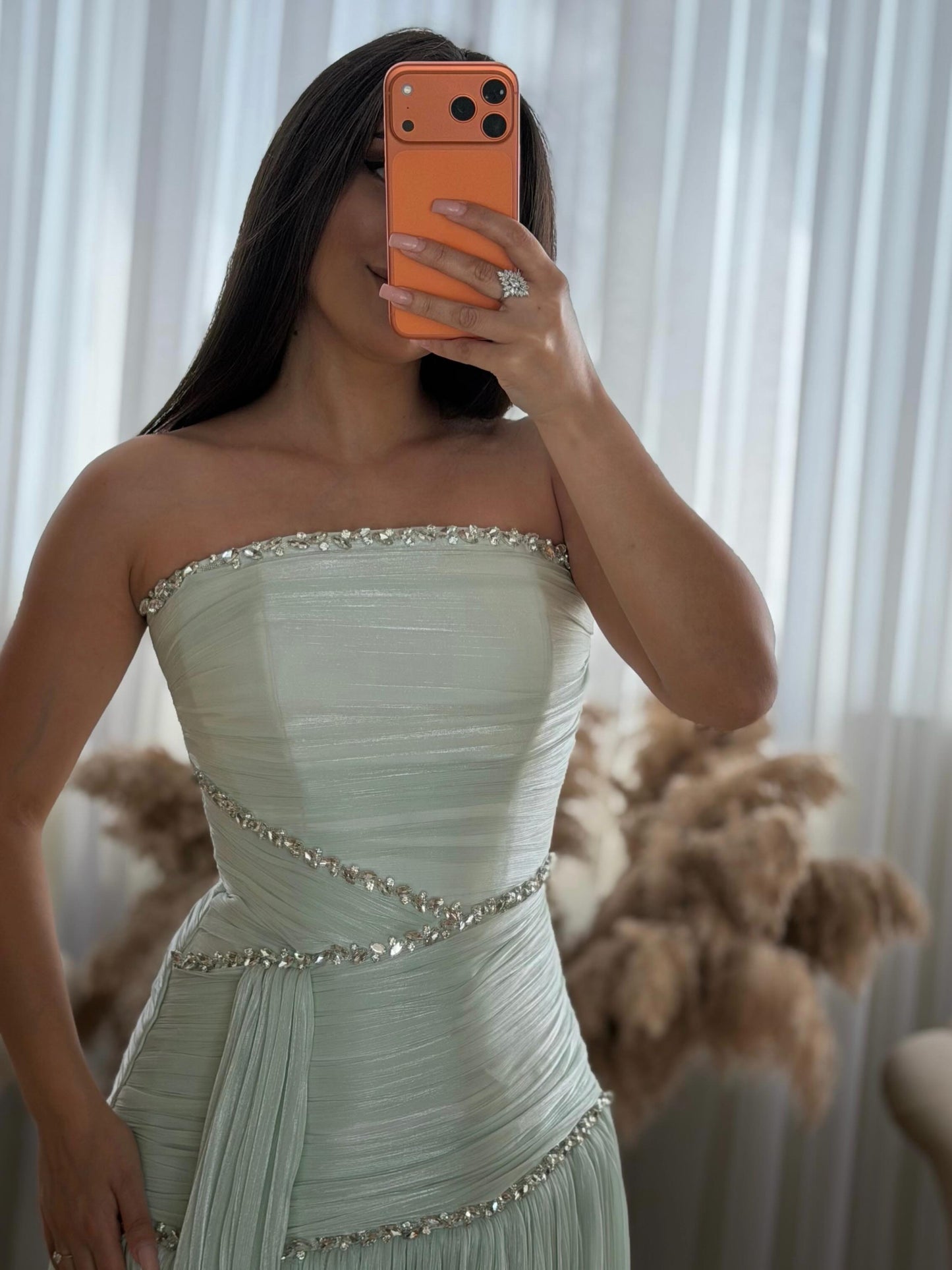 Strapless Pleated Evening Gown with Crystal Trim