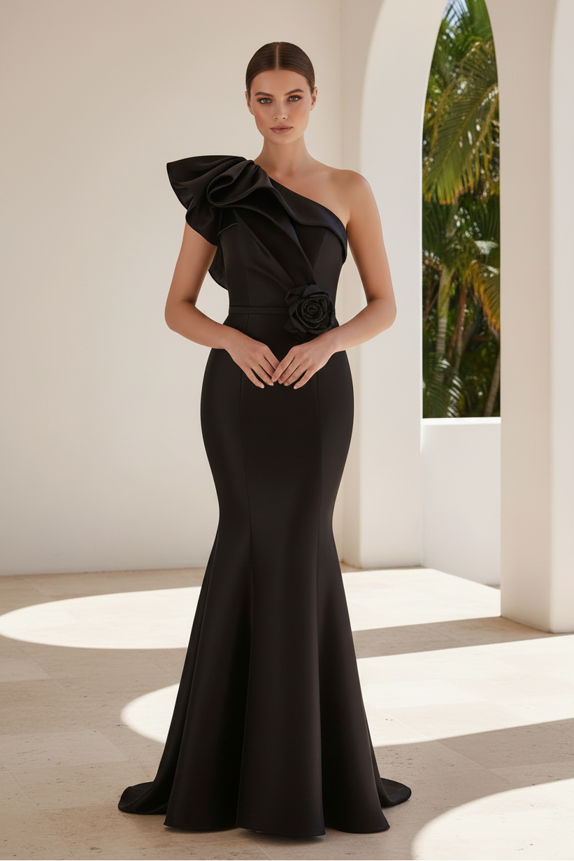 One-Shoulder Mermaid Gown with Floral Waist Accent