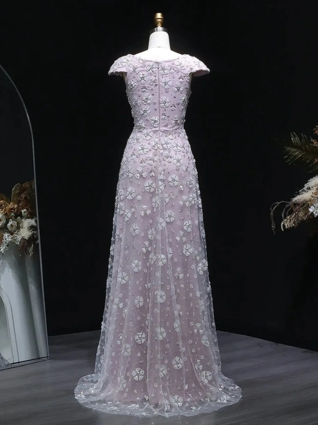 Square Neck 3D Floral Applique A-Line Gown