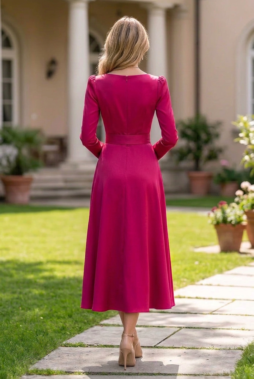 A-Line Midi Dress with Keyhole Cutout and Bow Belt