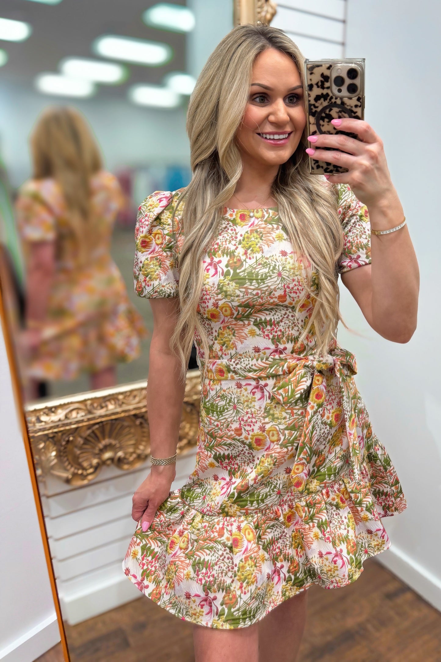Floral Puff Sleeve Mini Dress with Tie Waist