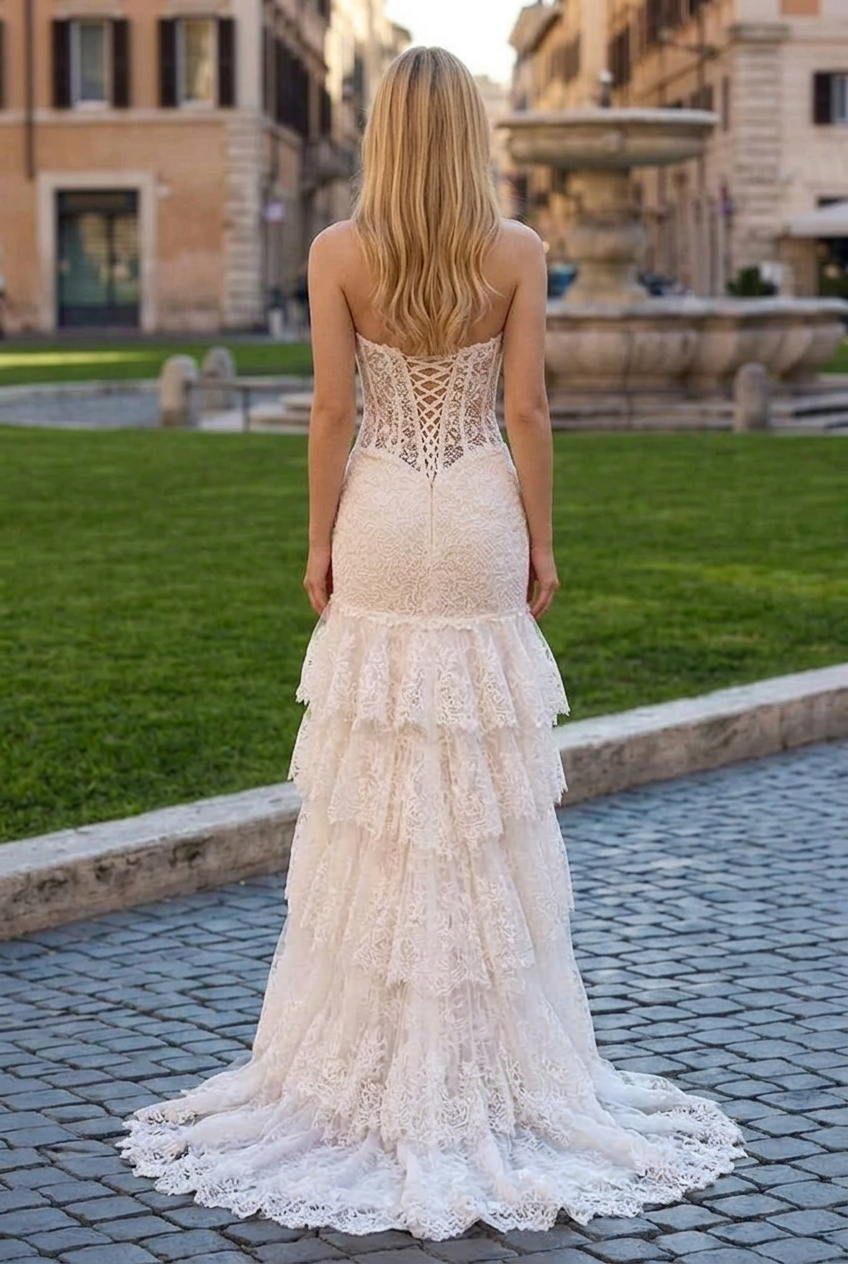 Strapless Lace Corset Tiered Slit Gown