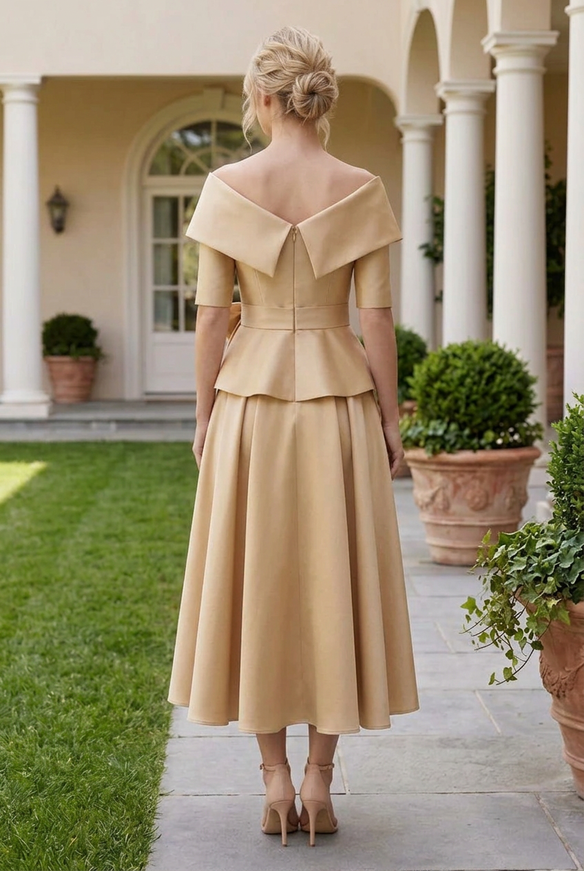 Off-the-Shoulder Peplum Midi Dress with Bow