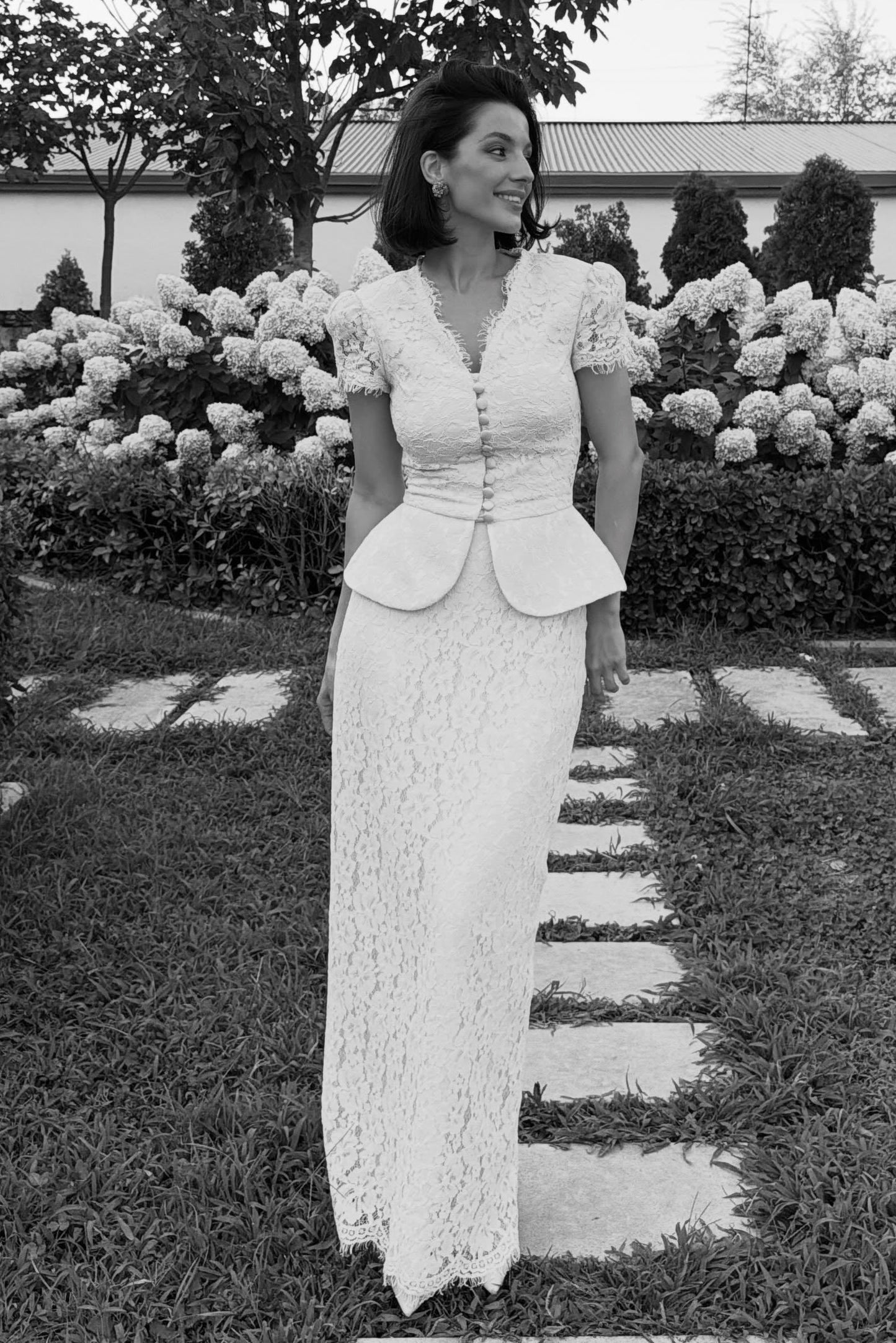 Lace Peplum Button-Front Maxi Dress Set