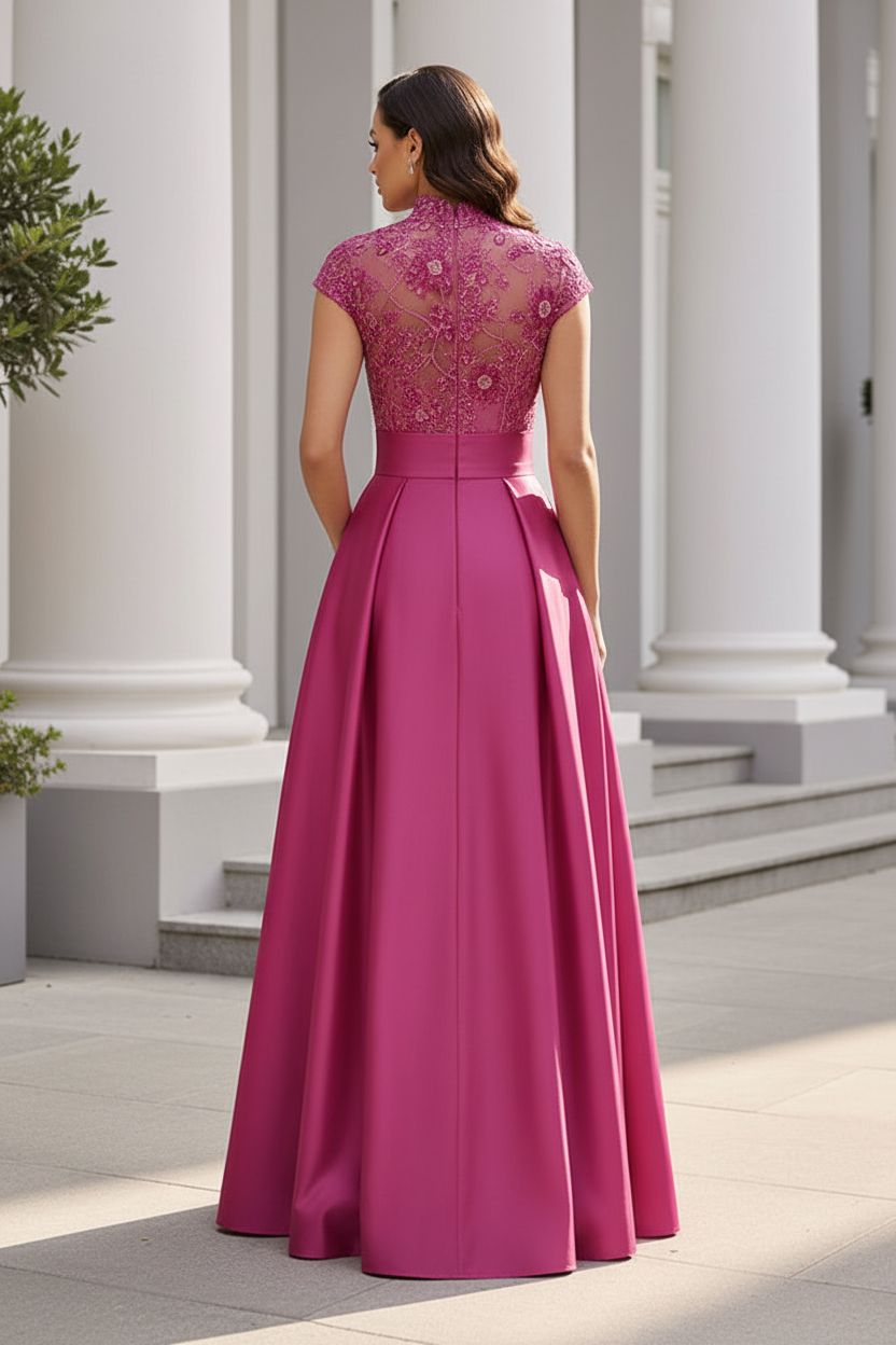 Embroidered High Neck A-Line Evening Gown