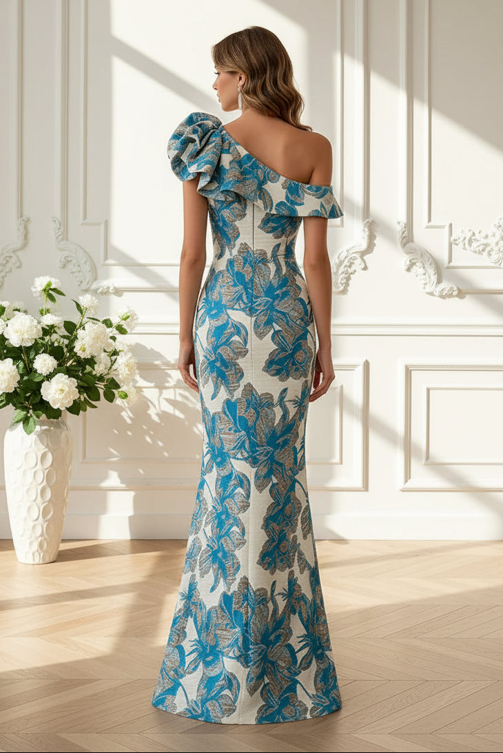 One-Shoulder Floral Jacquard Mermaid Evening Gown